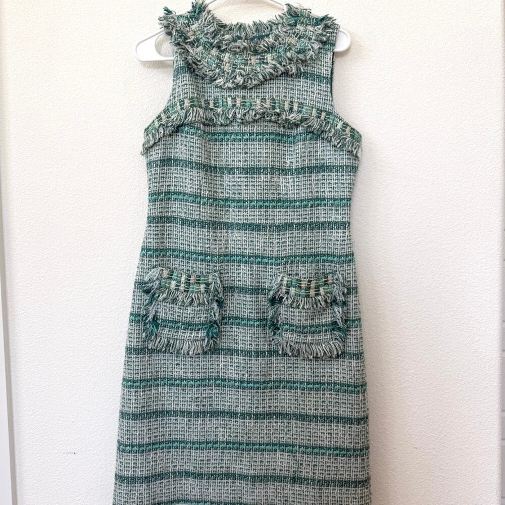 TORY BURCH Bouclé Tweed Mini Dress Green Fringe Trim Sleeveless Pockets Sz‎ 8